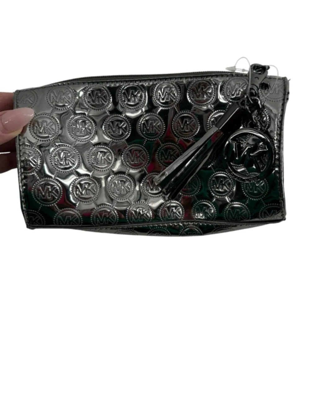 Michael Kors Metallic Gunmetal Embossed MK makeup pouch compartments charm